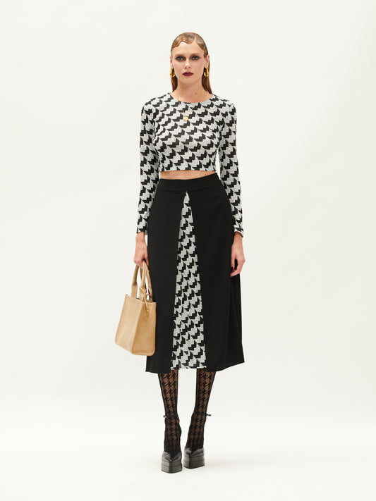 A-LINE PLEAT-DETAILED SKIRT BLACK/PIED-DE-W