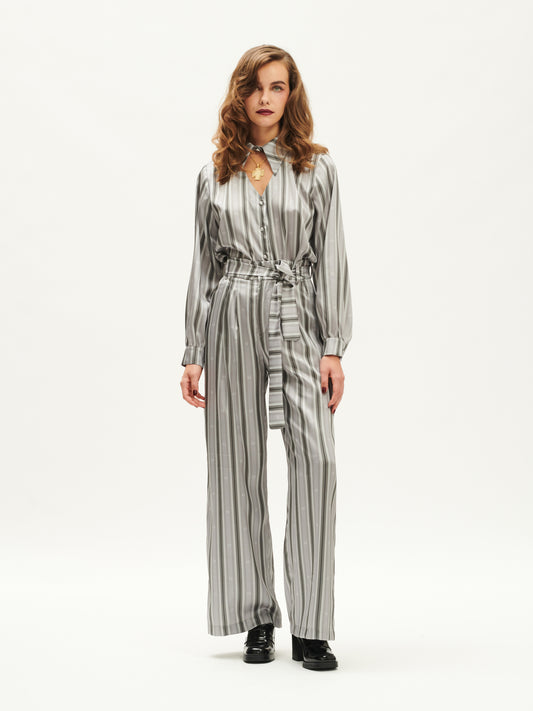 HIGH-WAISTED WIDE-LEG PANTS STRIPES GRAY