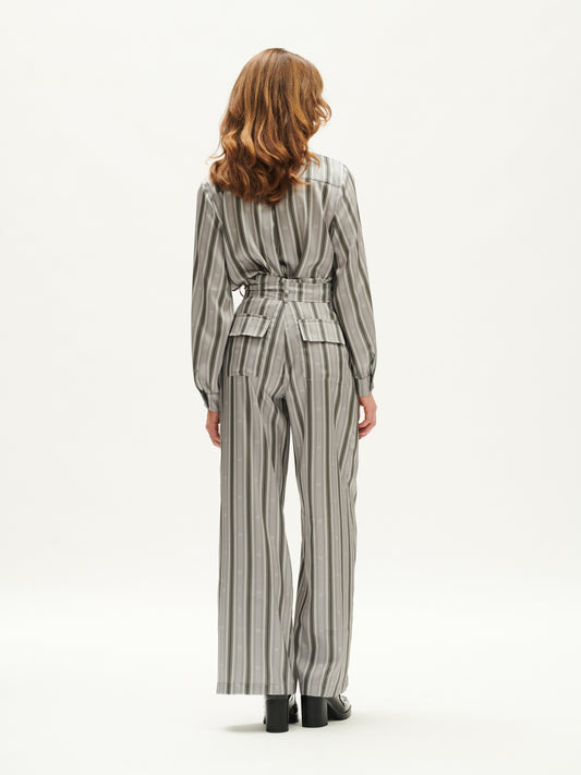 HIGH-WAISTED WIDE-LEG PANTS STRIPES GRAY