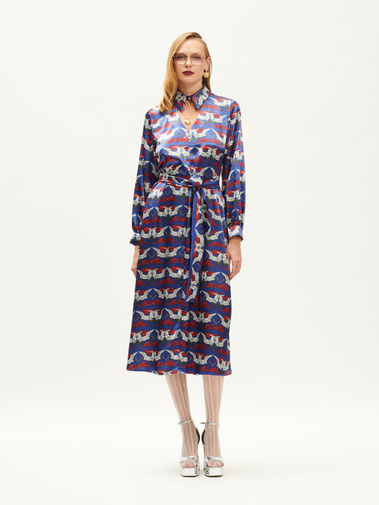 COLLAR-NECK MIDI DRESS CRANES INDIGO