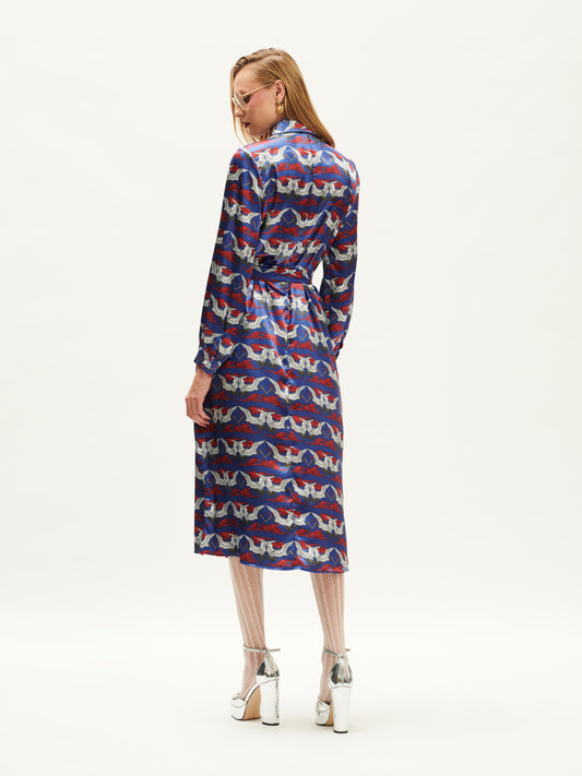 COLLAR-NECK MIDI DRESS CRANES INDIGO