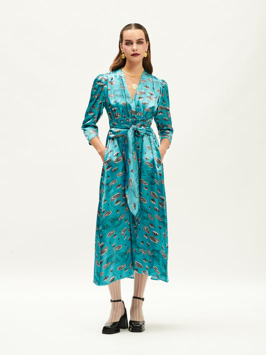 V-NECK TIE-FRONT DRESS WATERLILY TEAL