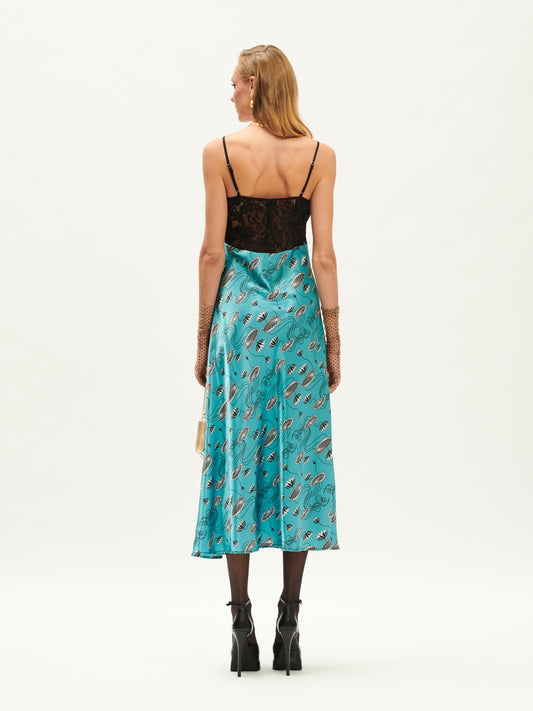 LACE-BUST SATIN MAXI SLIP DRESS WATERLILY TEAL