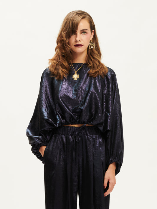 METALLIC CROPPED TOP INDIGO/GOLD