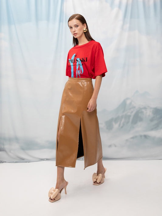 STRAIGHT-LINE MIDI SKIRT TABAC