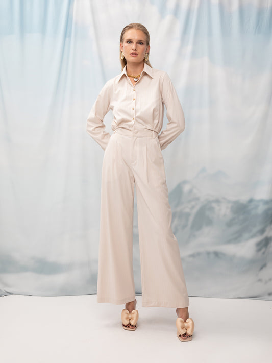 WIDE-LEG PLEATED PANTS IVORY STRIPES