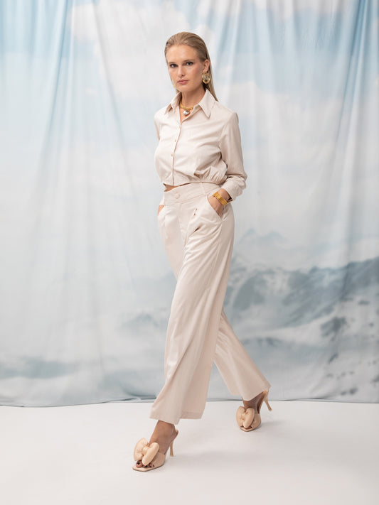 WIDE-LEG PLEATED PANTS IVORY STRIPES