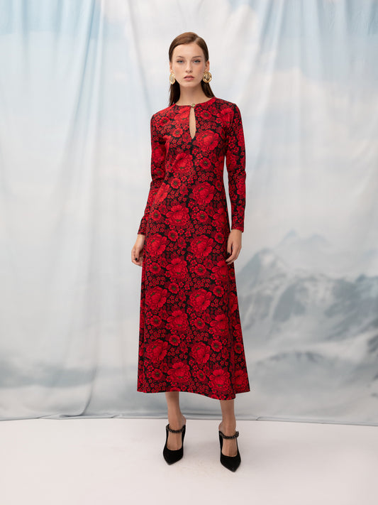 KEYHOLE MIDI DRESS FLOWERS RED