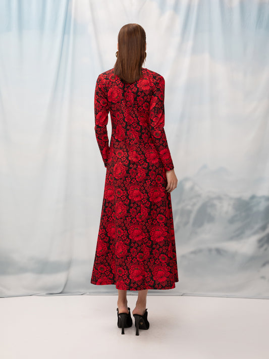 KEYHOLE MIDI DRESS FLOWERS RED