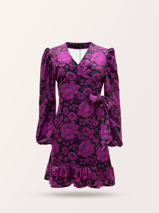 VELVET WRAP MINI DRESS FLOWERS PURPLE