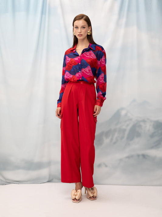 LONG-SLEEVE CHIFON SHIRT MOUNTAINS RED