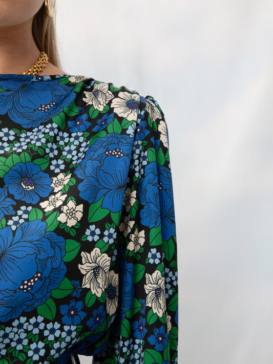 DRAPED BLOUSE FLOWERS BLUE