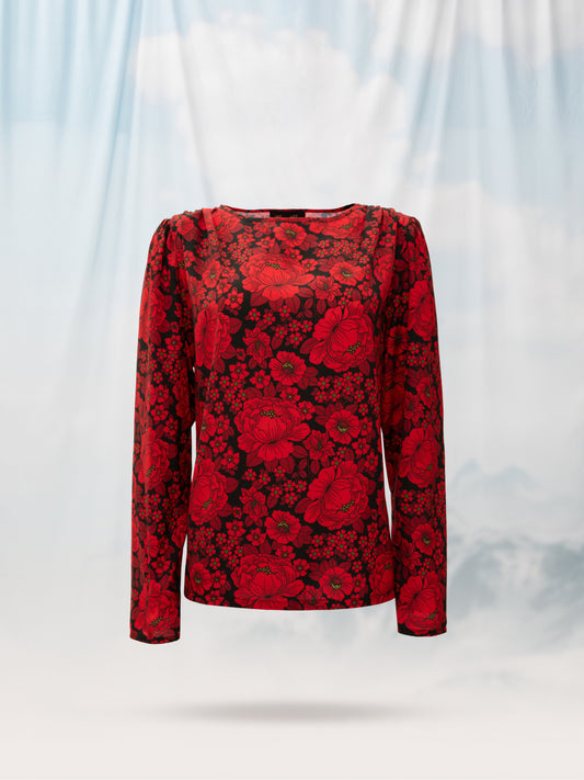 DRAPED BLOUSE FLOWERS RED