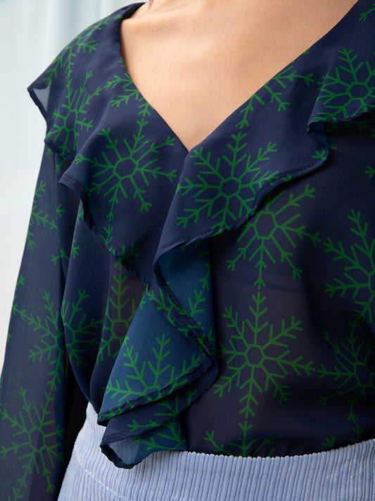 RUFFLED CHIFON BLOUSE SNOWFLAKES