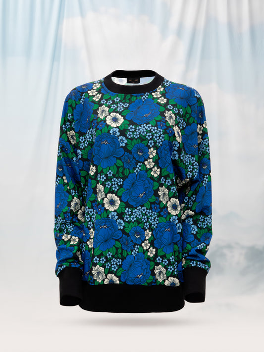 OVERSIZED PRINTED SWEATER FLOWERS BLUE