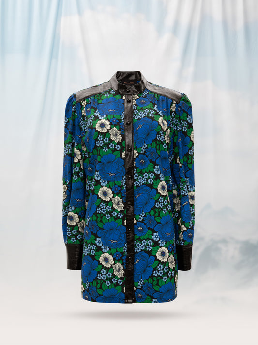 MAO-COLLAR SHIRT FLOWERS BLUE