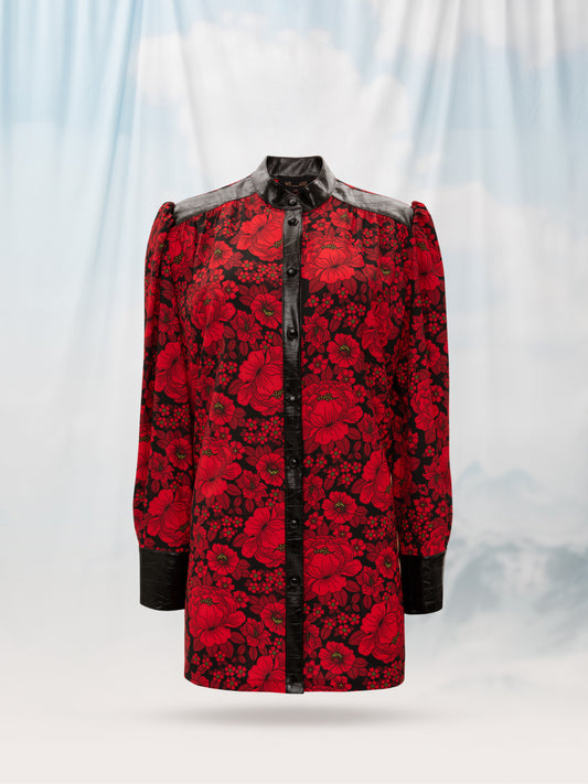 MAO-COLLAR SHIRT FLOWERS RED