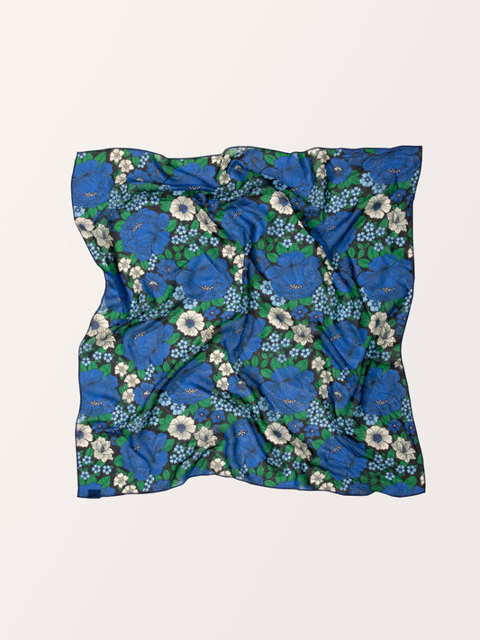 CHIFFON SQUARE SCARF FLOWERS BLUE